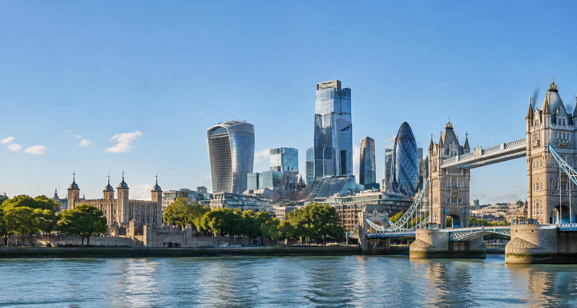 London skyline and Tower Bridge across the River Thames